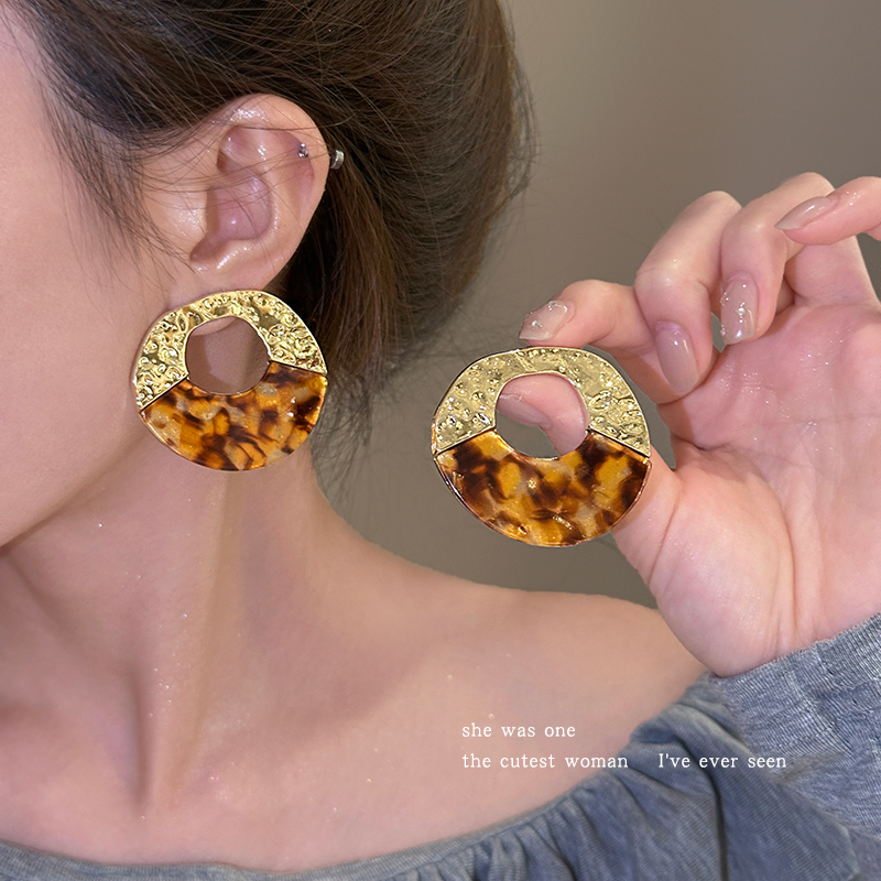 金色拼接圆形晕染耳环高级感耳钉