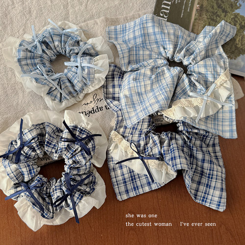 韩系蓝色格纹蝴蝶结方巾大肠发圈
