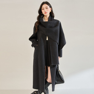 25秋冬新款 羊毛大衣毛呢外套29016 气质双面藏青色撞色大围巾长款