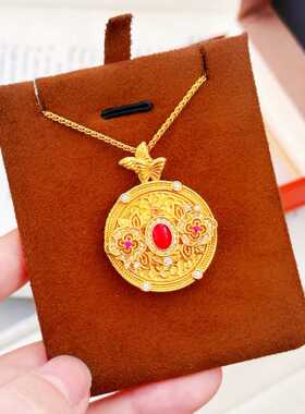 金店同款珐琅彩点钻花丝山茶花罗盘吊坠项链沙金饰品小众设计挂坠