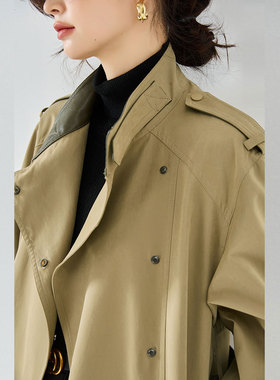 25秋新帅气立领垂顺不易皱绒感拼皮通勤休闲中长款风衣外套23066