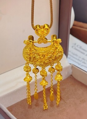 金店同款古法沙金百合花丝镂空流苏锁包吊坠繁花似锦流苏锁包项链
