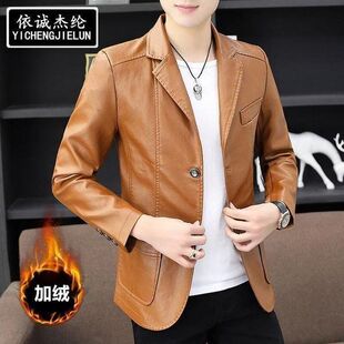 休闲外套潮翻领西装 修身 男 真皮皮衣小西服绵羊皮夹克青年韩版 男士