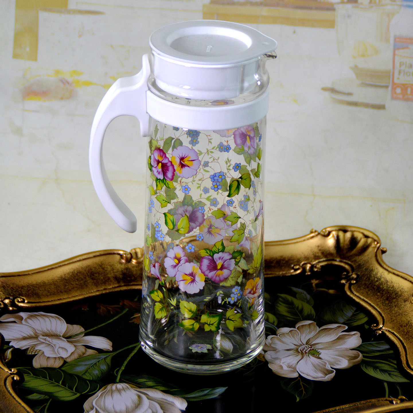 韩国韩式复古花朵玻璃冷水壶白色把手大容量家用水杯茶壶凉水壶,餐饮具,冷水壶,淘宝优惠券,粉丝福利购,淘宝优惠卷