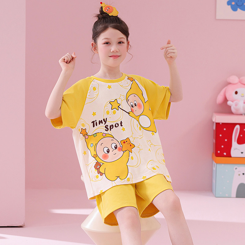 卡通纯棉女童睡衣夏季短袖短裤中大童可爱超萌家居服女孩套装薄款