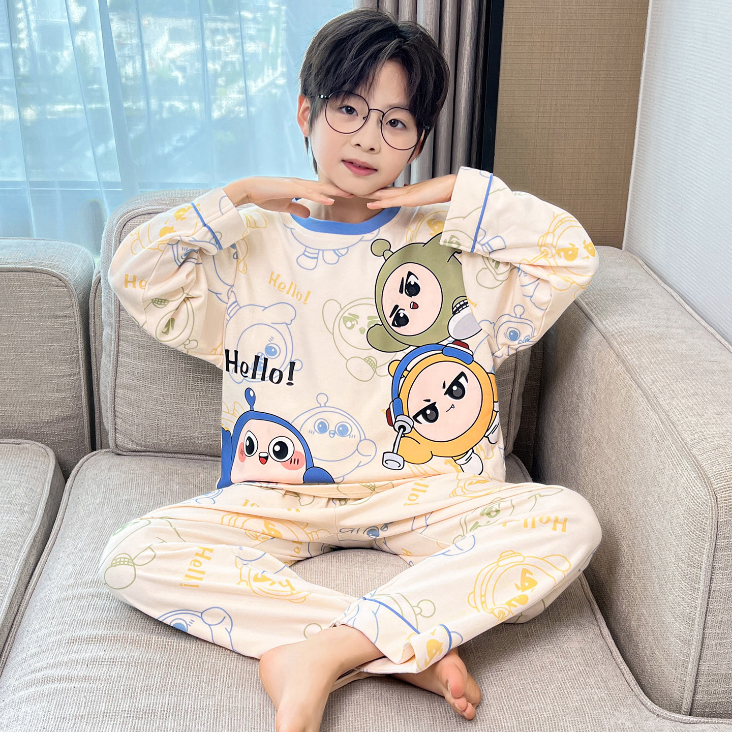 男童纯棉蛋仔长袖睡衣套装
