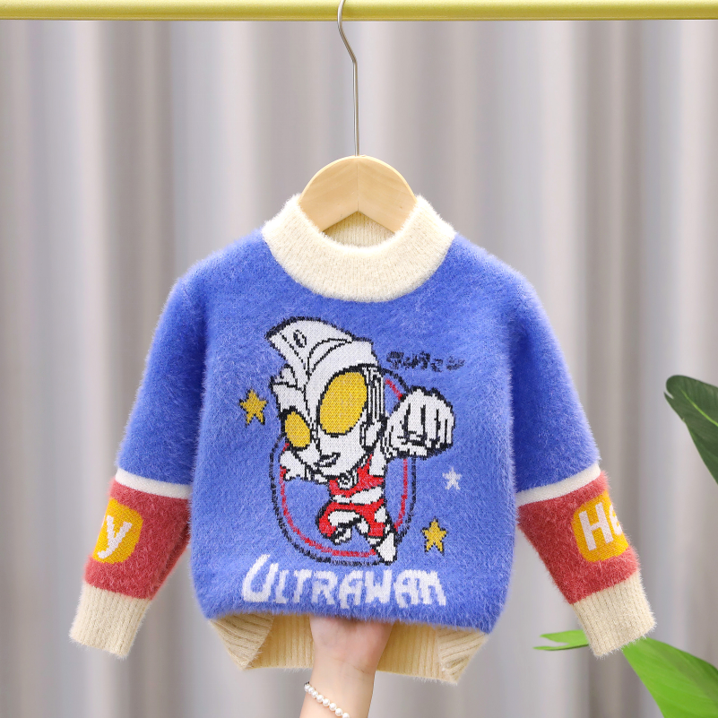 男孩套头水貂绒毛衫男宝奥特曼2025冬新款儿童加绒加厚洋气打底衫