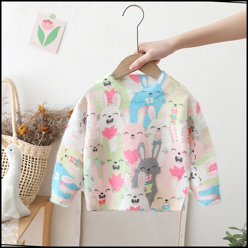 女童秋冬季毛衣2025新款加厚水貂绒针织衫彩绘卡通中小儿童装上衣