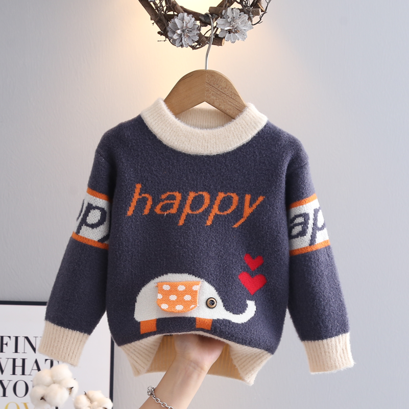 儿童毛衣男童冬季加厚加绒套头打底衫宝宝内搭圆领小象针织衫