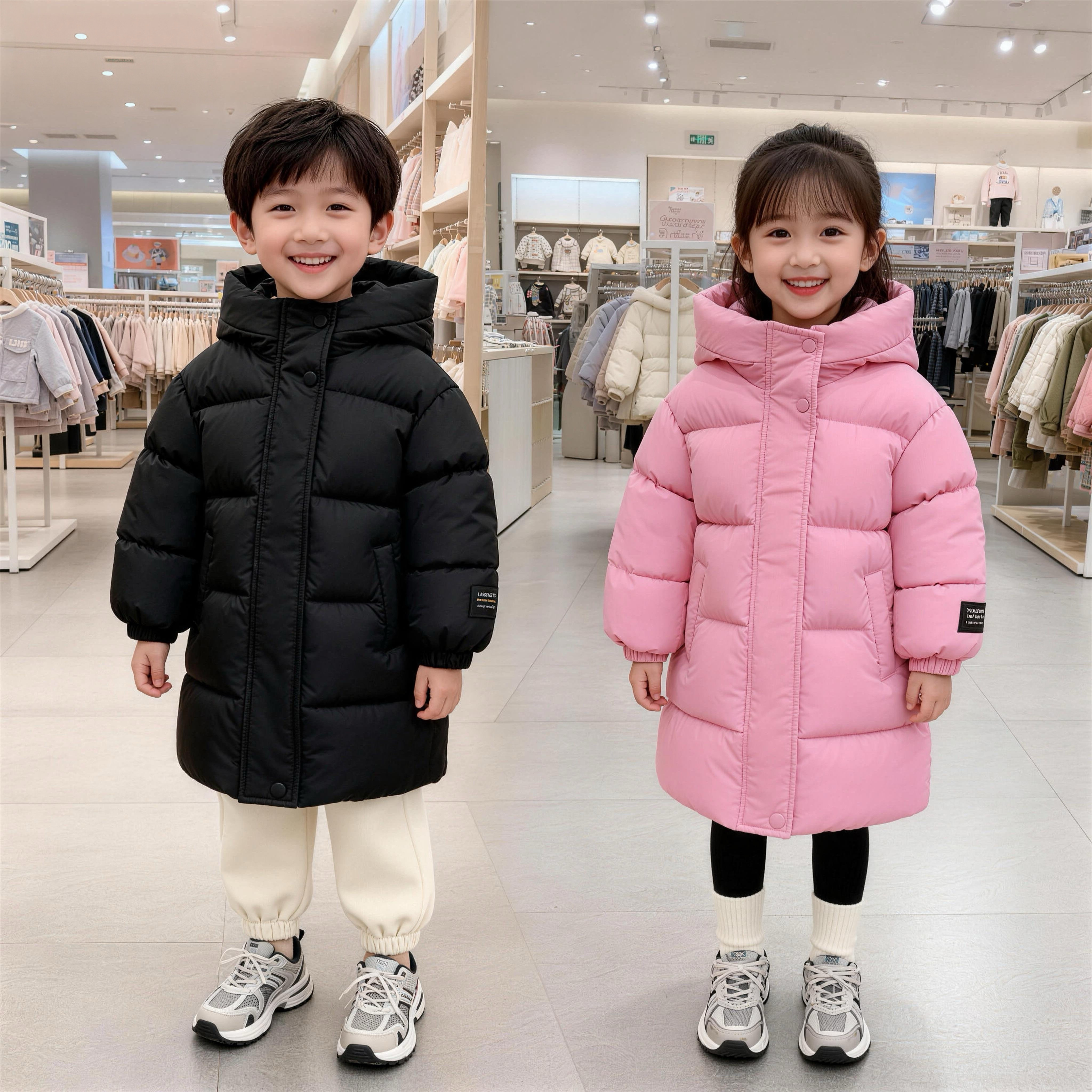 儿童黑金羽绒棉服男女童秋冬季中长款加厚连帽棉袄保暖棉衣外套
