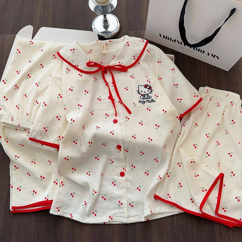 云朵棉夏季女士甜美kitty猫短袖短裤长裤三件套网红风家居服三件