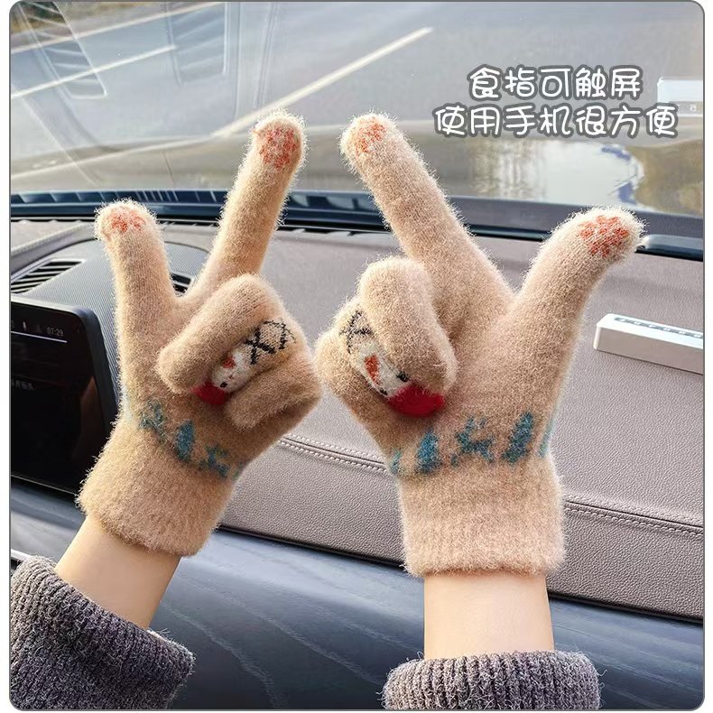冬季保暖手套毛绒卡通可爱圣诞节雪人五指分指手套可触屏学生女生