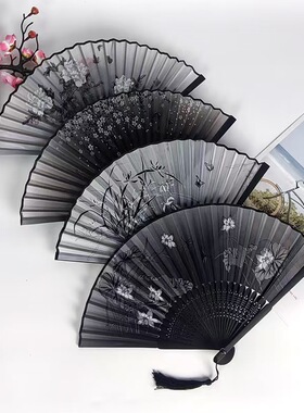 古风小扇子折扇中国风女款汉服舞蹈折叠马面裙新中式古装黑色竹扇