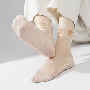 花边松口袜棉底防滑中筒丝袜月子袜夏季 妈妈袜防勾丝不勒腿 薄款