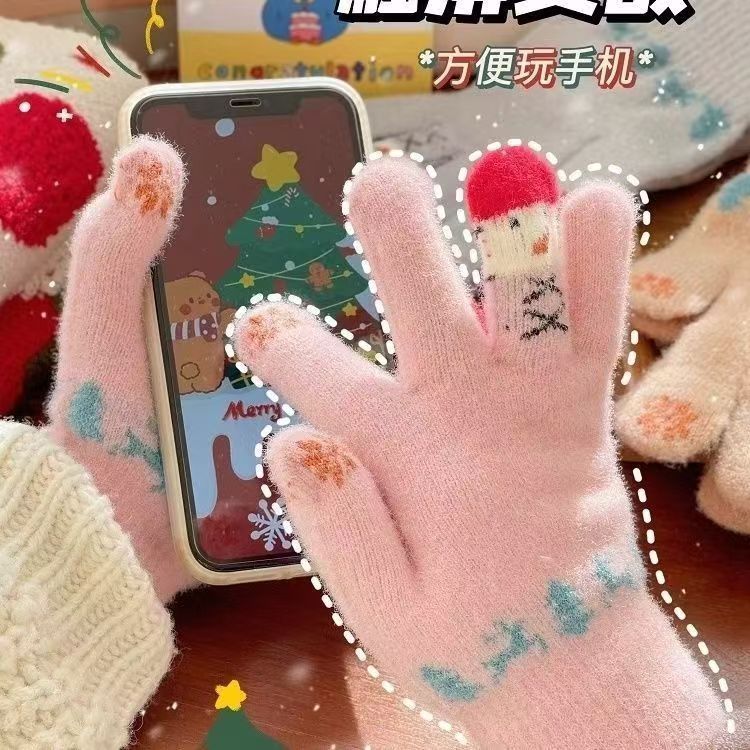 冬季保暖手套毛绒卡通可爱圣诞节雪人五指分指手套可触屏学生女生