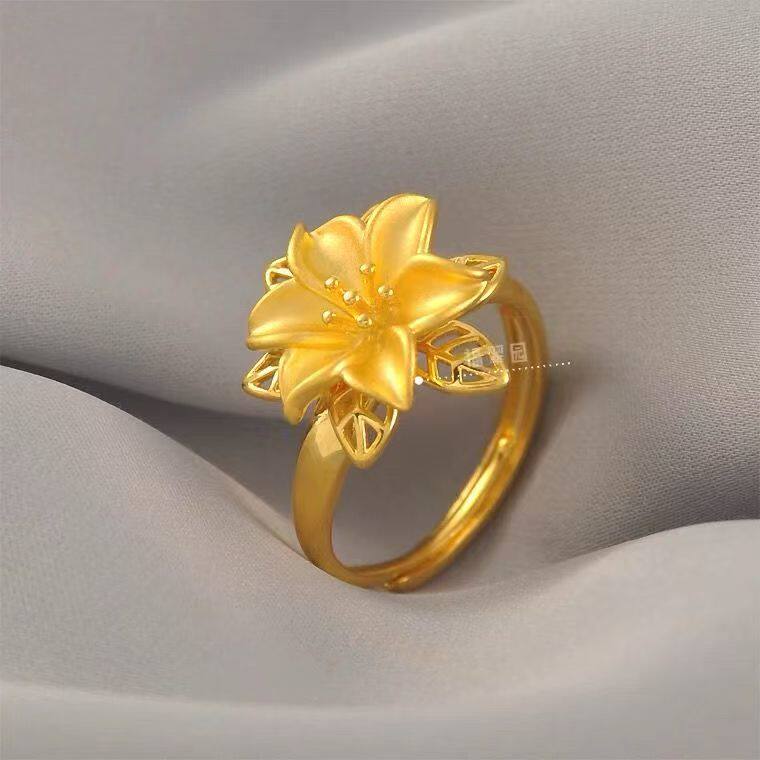 仿越南沙金色百合花素圈戒指久不掉色奢华大花朵指环节日送爱人