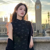 未雪 改良长款 黑色羊毛混纺织花 无袖 旗袍 中式 Ti提提