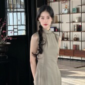 祝余 连衣裙日常国风中式 无袖 旗袍拉链后开修身 裙 改良长款 Ti提提