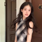 墨茉 斜裁黑白格子中式 无袖 Ti提提 改良长款 旗袍日常气质长裙女