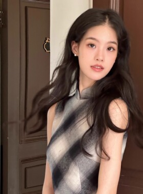 Ti提提  墨茉 斜裁黑白格子中式无袖改良长款旗袍日常气质长裙女