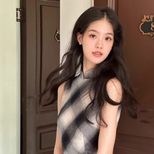 Ti提提 墨茉 斜裁黑白格子中式无袖改良长款旗袍日常气质长裙女
