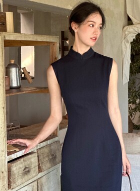 Ti提提 降香 藏蓝色 亚麻仿牛仔 中式无袖改良长款旗袍