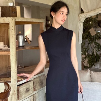 Ti提提 降香 藏蓝色 亚麻仿牛仔 中式无袖改良长款旗袍
