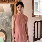 珊珊 粉色植物定染真丝亚麻混纺中式 改良无袖 Ti提提 长款 旗袍