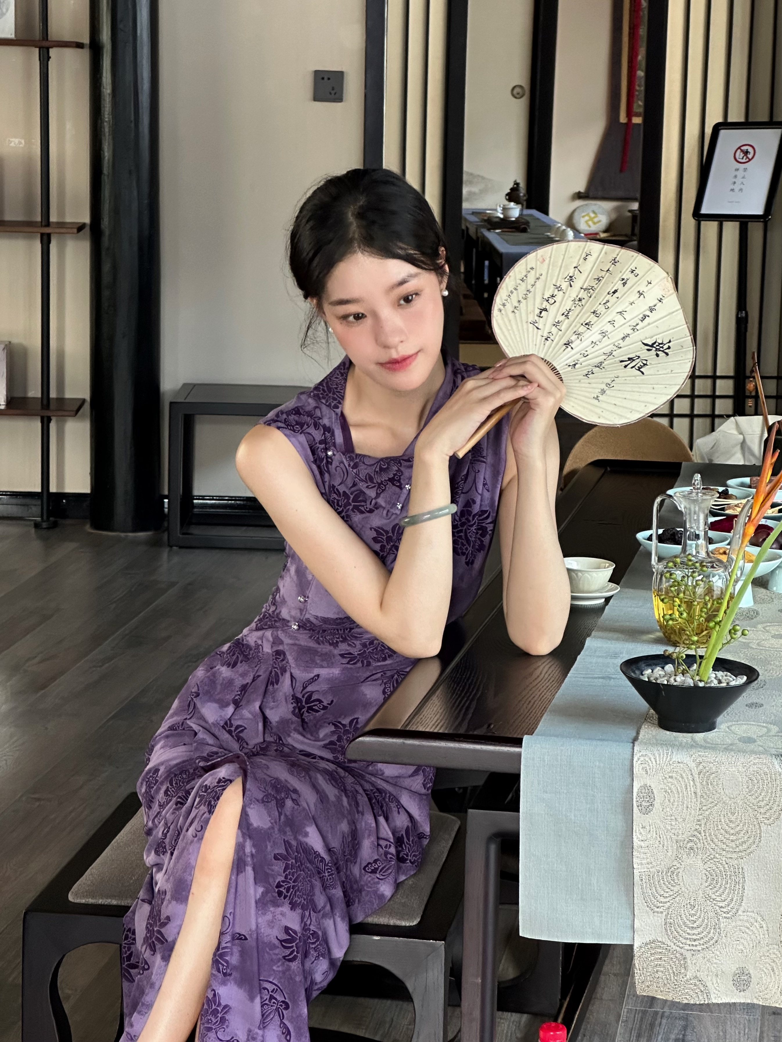 Ti提提 紫色蝴蝶 暗纹改良新中式气质连衣裙高级无袖收腰显瘦长裙