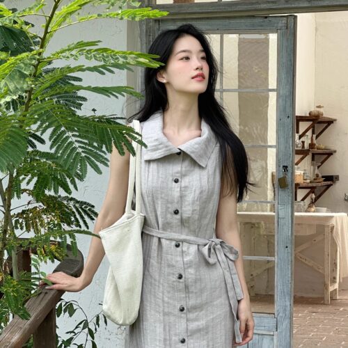 Ti提提  望卿 人字纹水洗色织亚麻 月光灰中式收腰连衣长裙