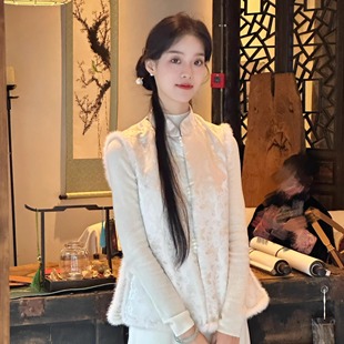 Ti提提  蝶序夹棉水貂毛旗袍马甲复古中国风无袖小袄2024秋冬新款