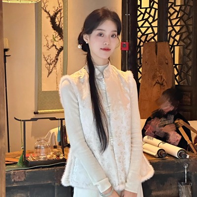 Ti提提  蝶序夹棉水貂毛旗袍马甲复古中国风无袖小袄2024秋冬新款