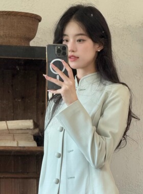 Ti提提 水碧 浅绿色 新中式羊毛旗袍小套装 复古外套小洋装女秋冬