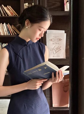 Ti提提  般般 藏青色真丝干丝中式改良无袖长款旗袍