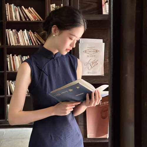 Ti提提  般般 藏青色真丝干丝中式改良无袖长款旗袍