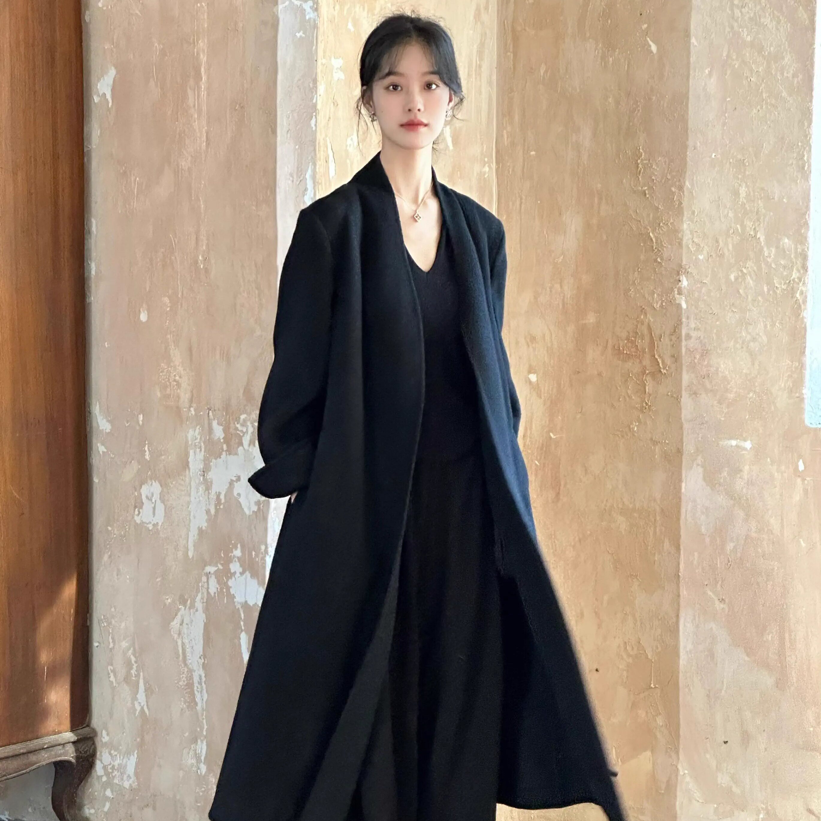 Ti提提 全羊毛双面呢正肩长款黑色大衣高级感呢子外套显瘦冬季女,女装/女士精品,毛呢外套,淘宝优惠券,粉丝福利购,淘宝优惠卷