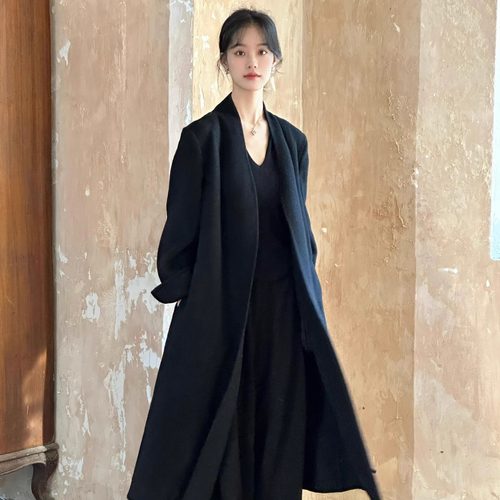 Ti提提 全羊毛双面呢正肩长款黑色大衣高级感呢子外套显瘦冬季女