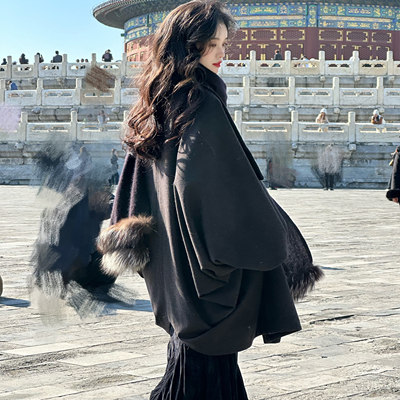 Ti提提 知许 回馈款 咖色斜纹蝙蝠袖廓形鹅绒斗篷大衣 可拆卸内胆