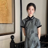 繁枝 中古色织提花丝绒拼色 全开襟中式 Ti提提 改良长款 旗袍国风