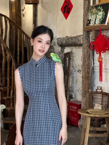 Ti提提 暮云·全棉深灰格子 无袖改良 长款旗袍