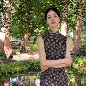 改良长款 黑色港工天丝无袖 旗袍复古连衣裙国风长裙 雀羽 Ti提提