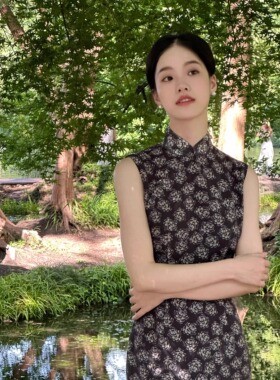 Ti提提 雀羽 黑色港工天丝无袖改良长款旗袍复古连衣裙国风长裙