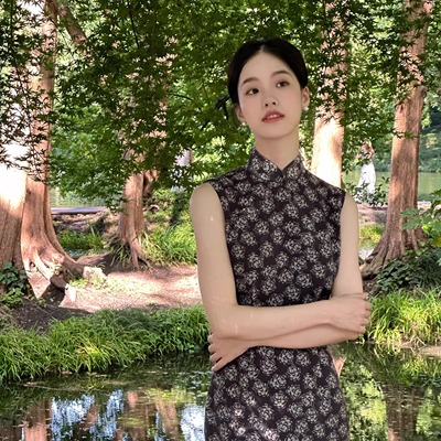 Ti提提 雀羽 黑色港工天丝无袖改良长款旗袍复古连衣裙国风长裙