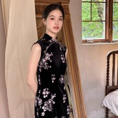 长款 港工无袖 旗袍连衣裙女夏国风印花气质复古长裙 江蓠 Ti提提