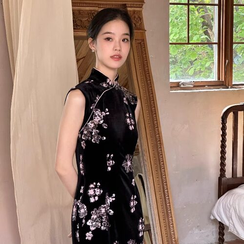 Ti提提  江蓠 港工无袖长款旗袍连衣裙女夏国风印花气质复古长裙