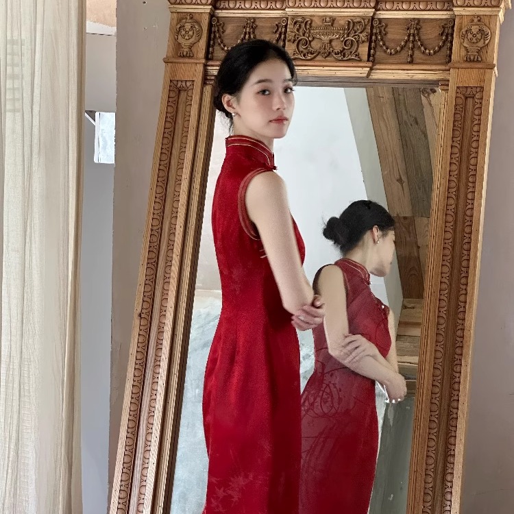 Ti提提 念念 原创红色真丝人丝混纺中式改良无袖长款旗袍国风礼服