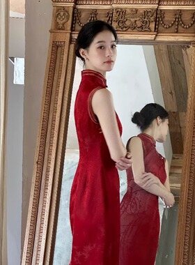 Ti提提 念念 原创红色真丝人丝混纺中式改良无袖长款旗袍国风礼服