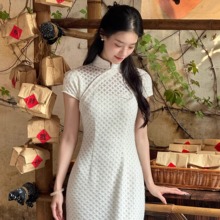 Ti提提 衔雪 白色 港工 拉链侧开 中式小袖改良长款旗袍