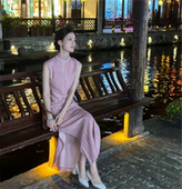 无袖 新中式 国风改良修身 长款 Ti提提 旗袍收腰长裙夏 粉色晕染