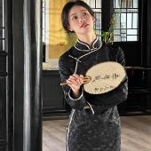 收腰旗袍秋季 Ti提提 改良全开襟国风长袖 黑色暗纹提花中式 默默